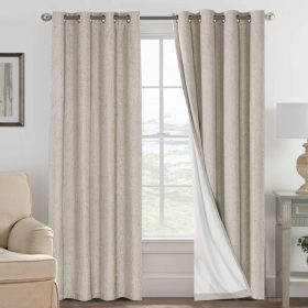 Linen 100% Blackout Curtains for Bedroom Full Light Blocking Curtains, Textured Window Curtain for Living Room 84 inch Grommet, Energy Efficient Curtains White Liner(2 Panels, Natural)
