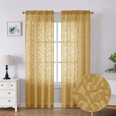 36 Inch Sheer Curtains Sage Green Tiers for Kitchen 2 Pieces, Double Rod Pockets Window Living Room Curtain for Small Window, Jacquard Leaves Voile Bathroom/Bedroom Drapes, 38x36 Inches